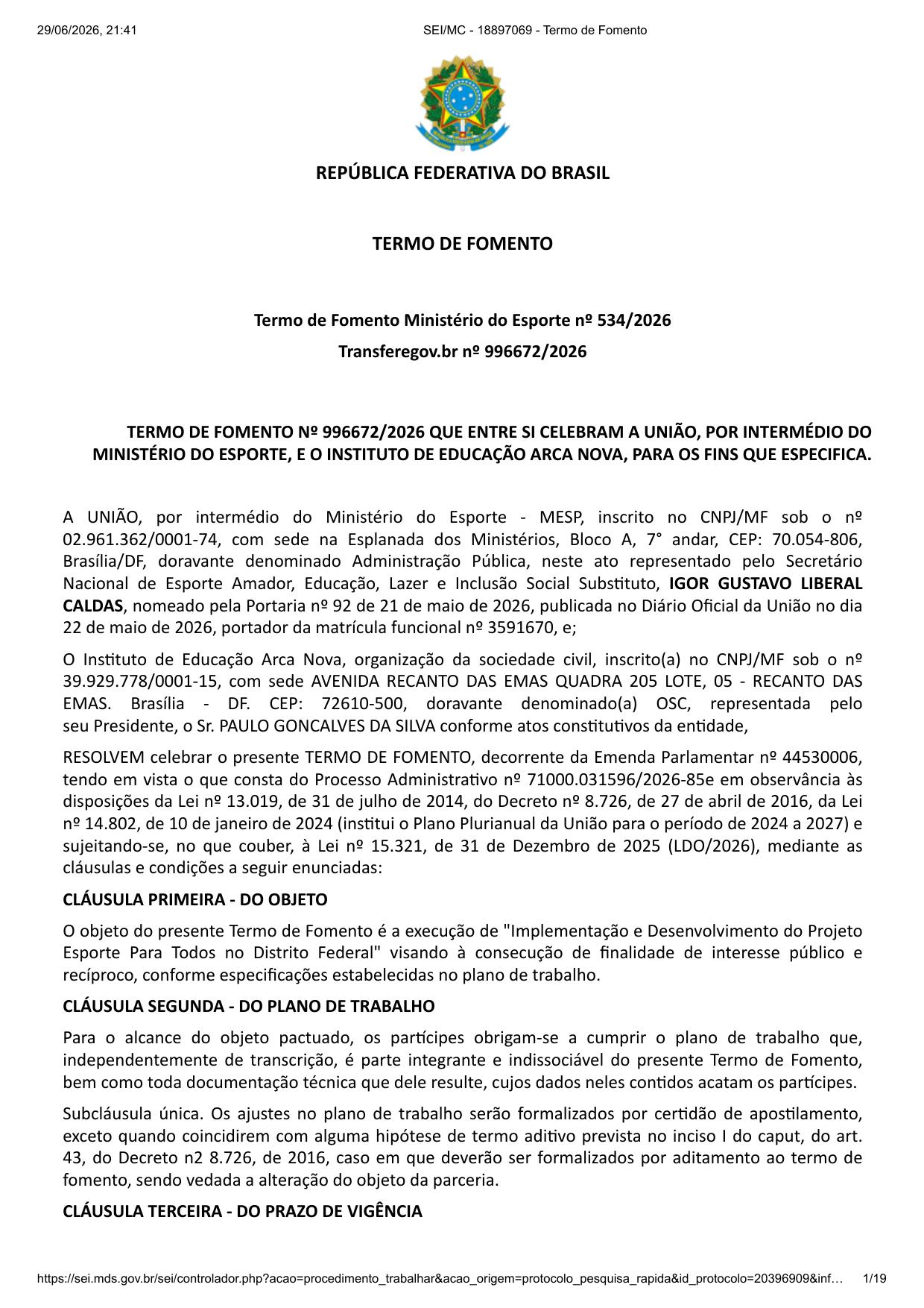Primeira página do Termo de Fomento nº 996672/2026 celebrado entre a União e o Instituto de Educação Arca Nova
